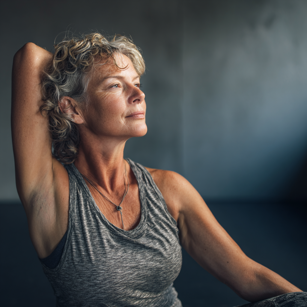Middle-aged adult practicing gentle yoga stretches in a calm studio environment