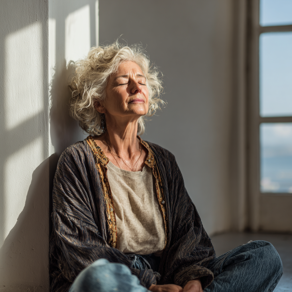 Older adult sitting in peaceful meditation posture in natural light setting